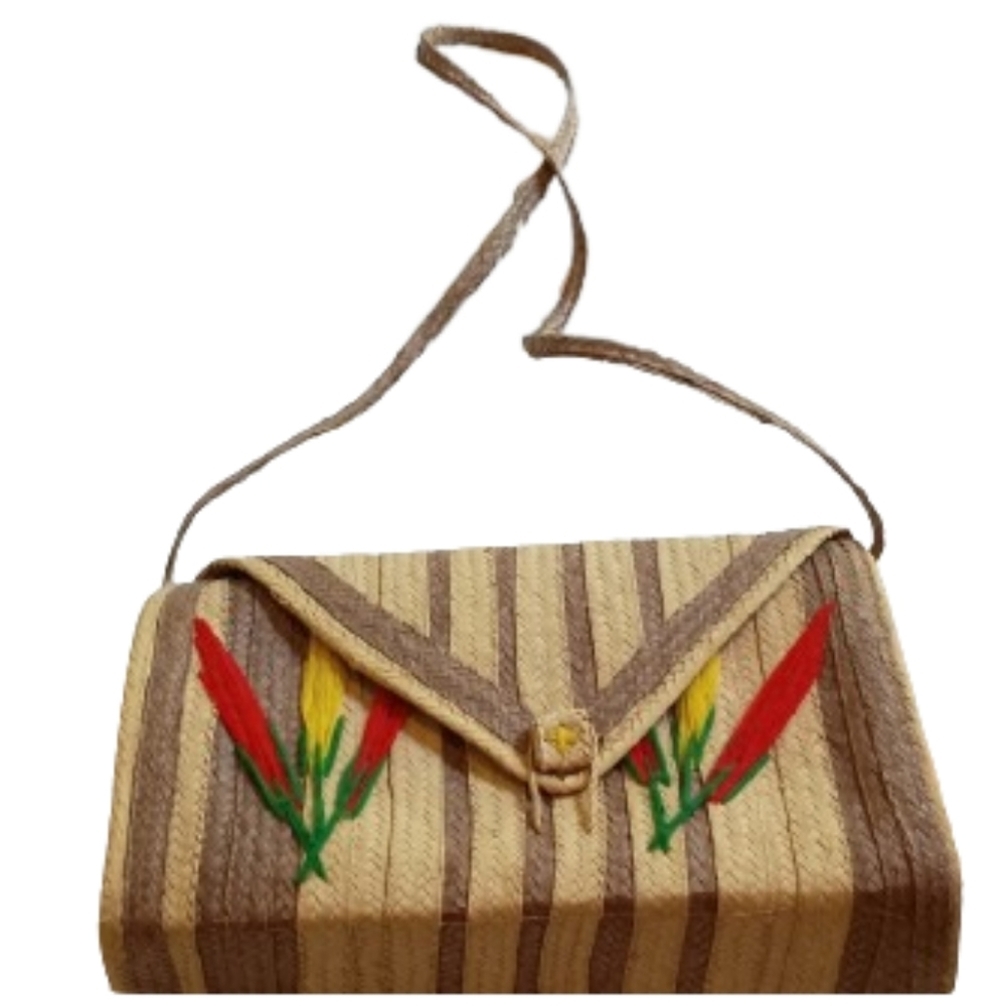 NEW Vintage Handcrafted straw Envelope Style tropical bag W/‎ Embroidered Tulips